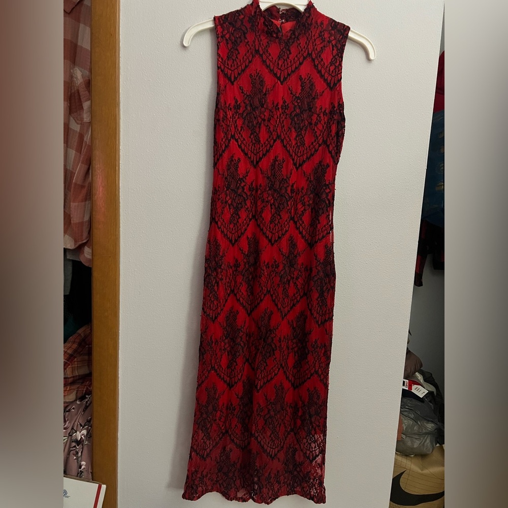 Eva Mendes for New York & Company Red and Black Lace Midi Dress